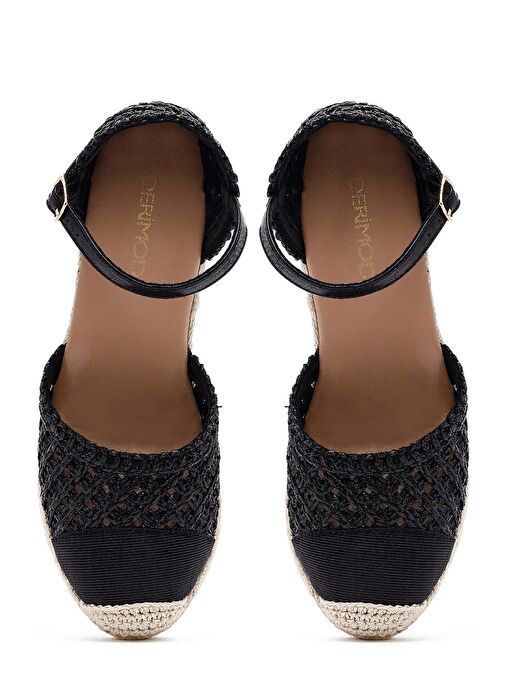 Kadın Siyah Bilekten Tokalı Örgülü Dolgu Topuklu Espadril Sandalet 25SFE401929 - Görsel 9