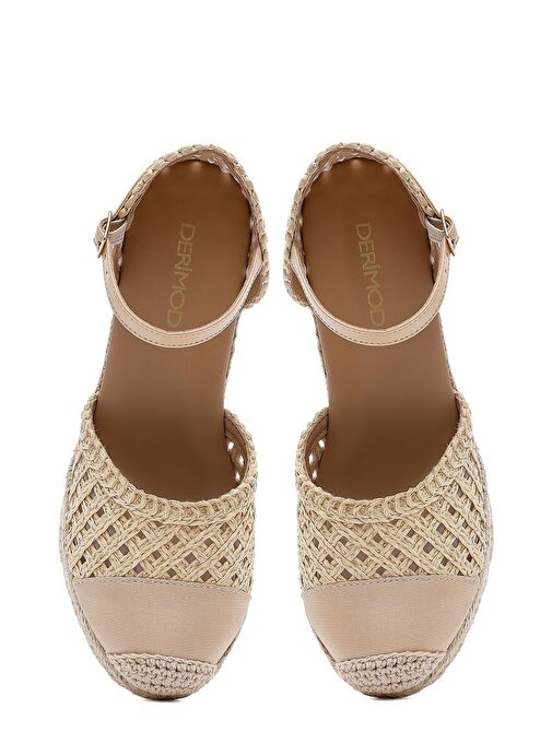 Kadın Krem Bilekten Tokalı Örgülü Dolgu Topuklu Espadril Sandalet 25SFE401929 - Görsel 8