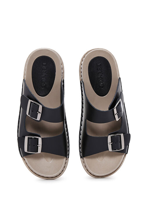 Kadın Siyah Çift Tokalı Deri Comfort Terlik 25SFD500018 - Görsel 7