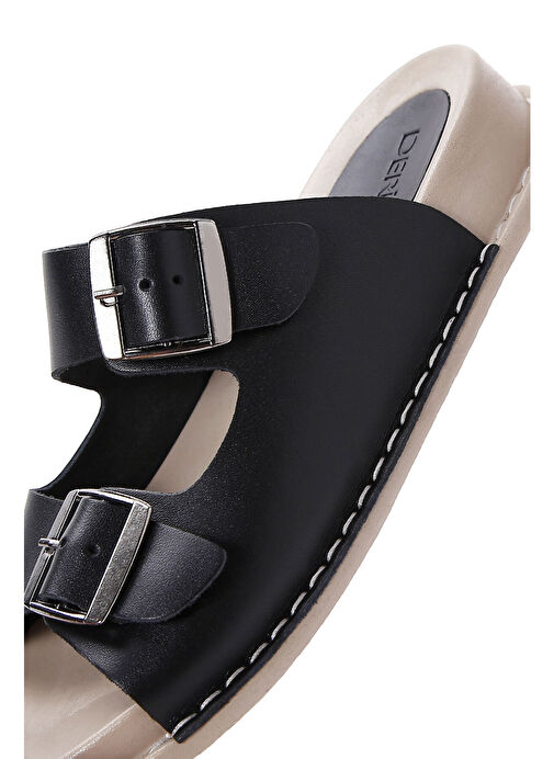 Kadın Siyah Çift Tokalı Deri Comfort Terlik 25SFD500018 - Görsel 8