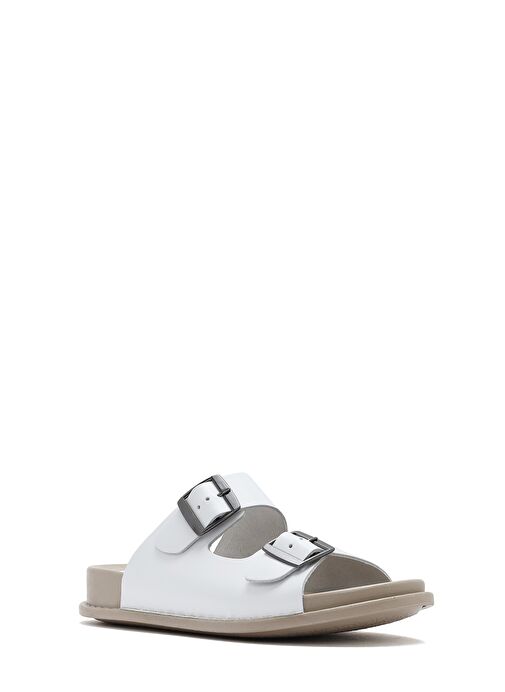 Kadın Beyaz Çift Tokalı Deri Comfort Terlik 25SFD500018 - Görsel 7