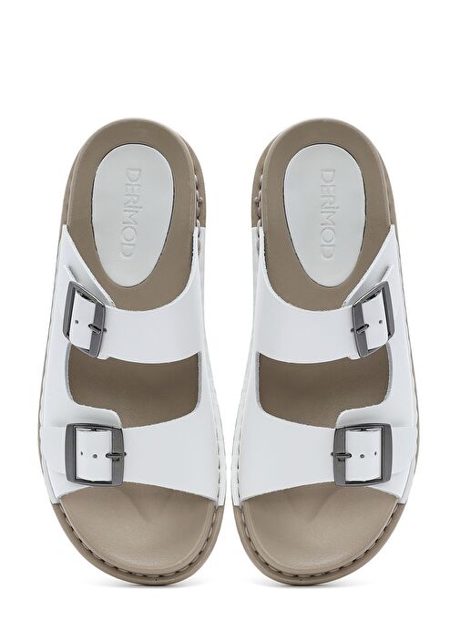 Kadın Beyaz Çift Tokalı Deri Comfort Terlik 25SFD500018 - Görsel 8