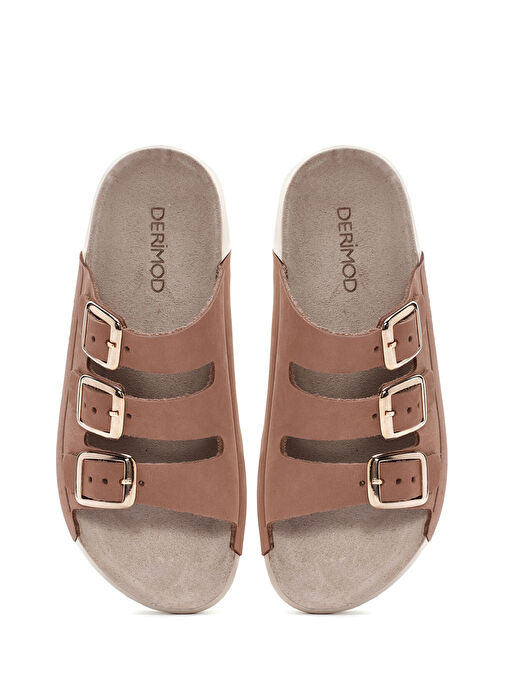 Kadın Bej Tokalı Nubuk Deri Comfort Terlik 25SFD5001V3 - Görsel 8