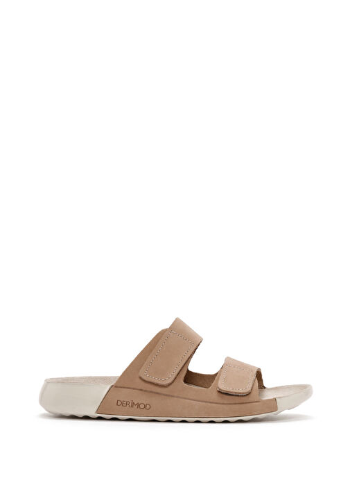 Kadın Bej Çift Bantlı Nubuk Deri Comfort Terlik 25SFD5002V3 - Görsel 2