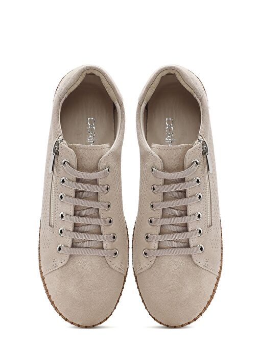 Kadın Bej Bağcıklı Kalın Tabanlı Süet Deri Sneaker 25SFD501810 - Görsel 8