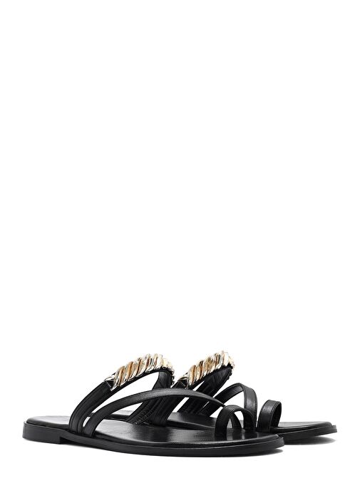 Kadın Siyah Taşlı Parmak Arası Deri Terlik 25SFD160618 - Görsel 4