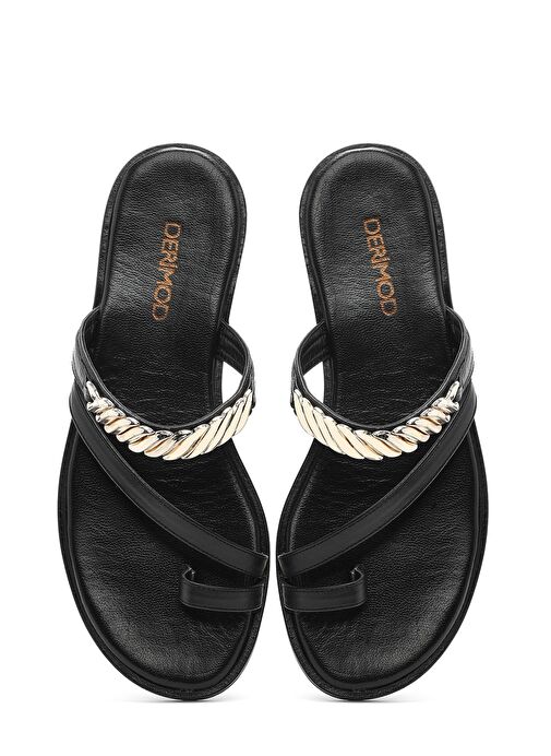 Kadın Siyah Taşlı Parmak Arası Deri Terlik 25SFD160618 - Görsel 8