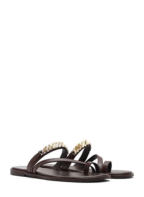 Kadın Kahverengi Taşlı Parmak Arası Deri Terlik 25SFD160618 - Görsel 4