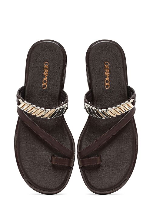 Kadın Kahverengi Taşlı Parmak Arası Deri Terlik 25SFD160618 - Görsel 8