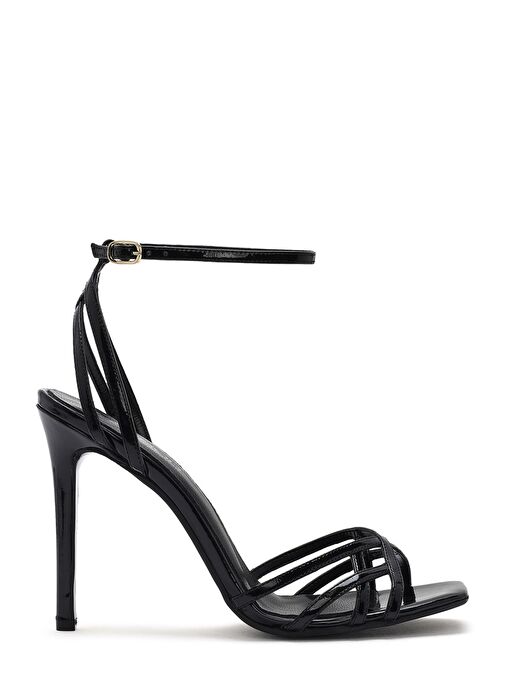 Kadın Siyah Bilekten Bağlamalı İnce Yüksek Topuklu Rugan Deri Sandalet 25SFD161116 - Görsel 2