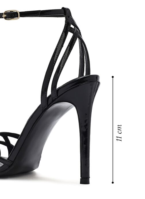 Kadın Siyah Bilekten Bağlamalı İnce Yüksek Topuklu Rugan Deri Sandalet 25SFD161116 - Görsel 3