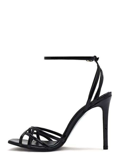 Kadın Siyah Bilekten Bağlamalı İnce Yüksek Topuklu Rugan Deri Sandalet 25SFD161116 - Görsel 5