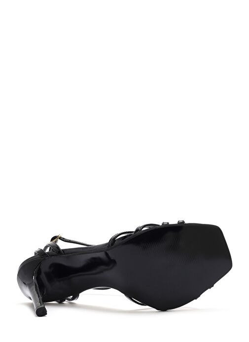 Kadın Siyah Bilekten Bağlamalı İnce Yüksek Topuklu Rugan Deri Sandalet 25SFD161116 - Görsel 6