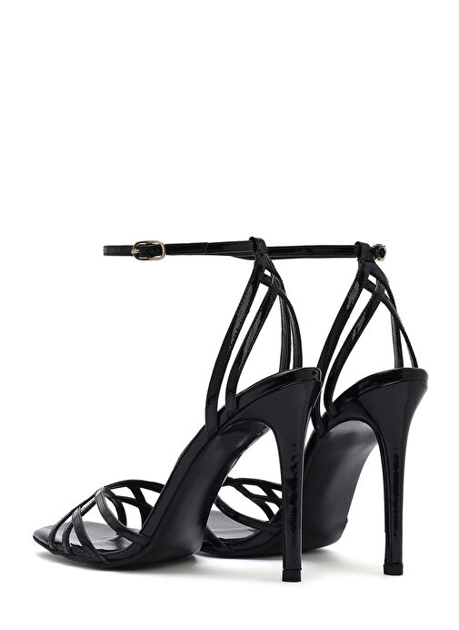 Kadın Siyah Bilekten Bağlamalı İnce Yüksek Topuklu Rugan Deri Sandalet 25SFD161116 - Görsel 7