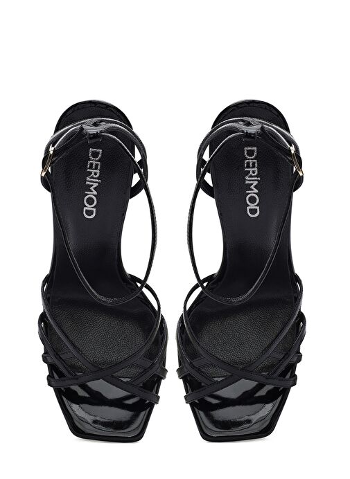 Kadın Siyah Bilekten Bağlamalı İnce Yüksek Topuklu Rugan Deri Sandalet 25SFD161116 - Görsel 9