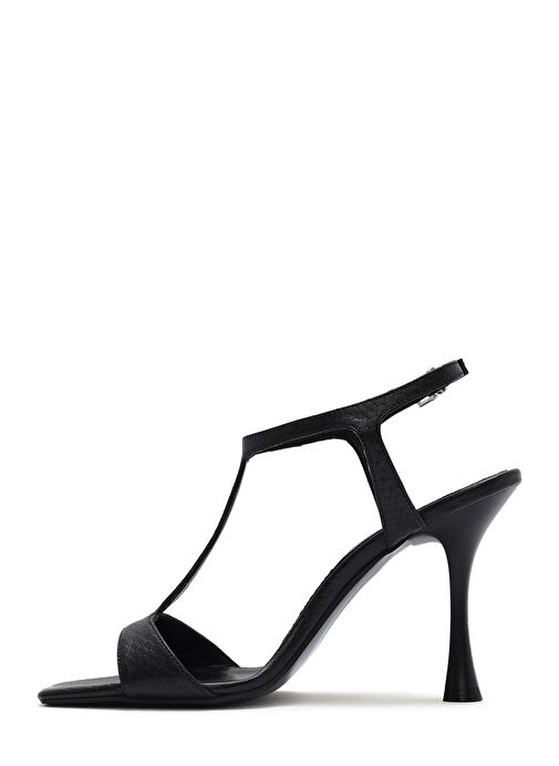 Kadın Siyah Bilekten Bantlı Desenli Deri İnce Yüksek Topuklu Sandalet 25SFD1614MY - Görsel 5
