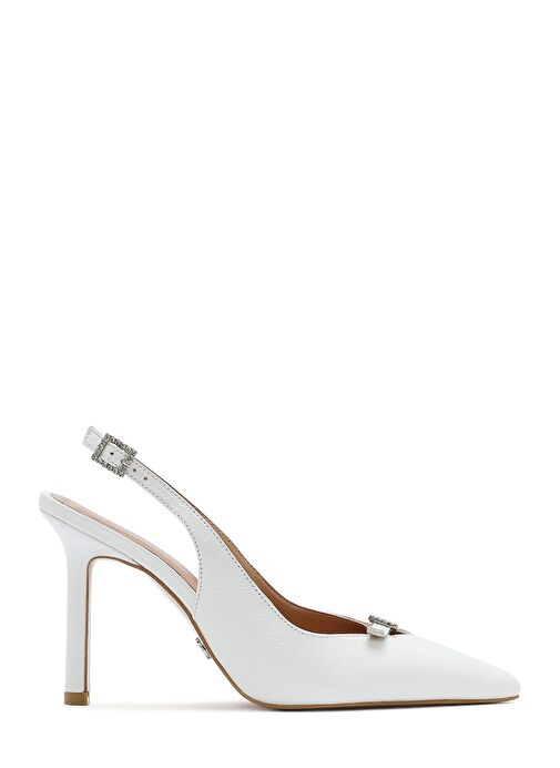 Kadın Beyaz Bilekten Tokalı Arkası Açık İnce Topuklu Deri Ayakkabı 25SFD162316 - Görsel 2