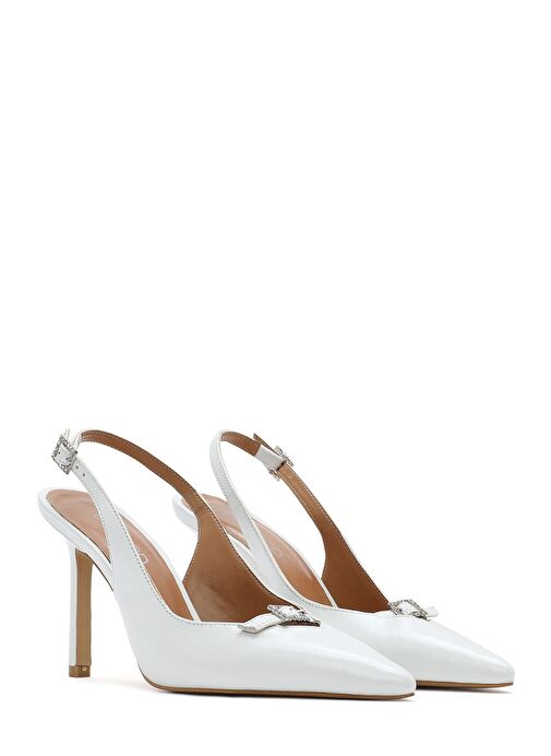 Kadın Beyaz Bilekten Tokalı Arkası Açık İnce Topuklu Deri Ayakkabı 25SFD162316 - Görsel 4