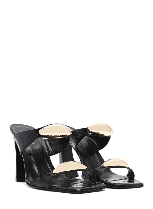 Kadın Siyah Kroko Desenli Deri Yüksek Kalın Topuklu Terlik 25SFD1610E3 - Görsel 4