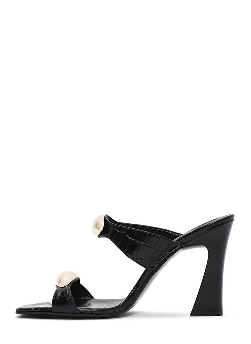 Kadın Siyah Kroko Desenli Deri Yüksek Kalın Topuklu Terlik 25SFD1610E3 - Görsel 5