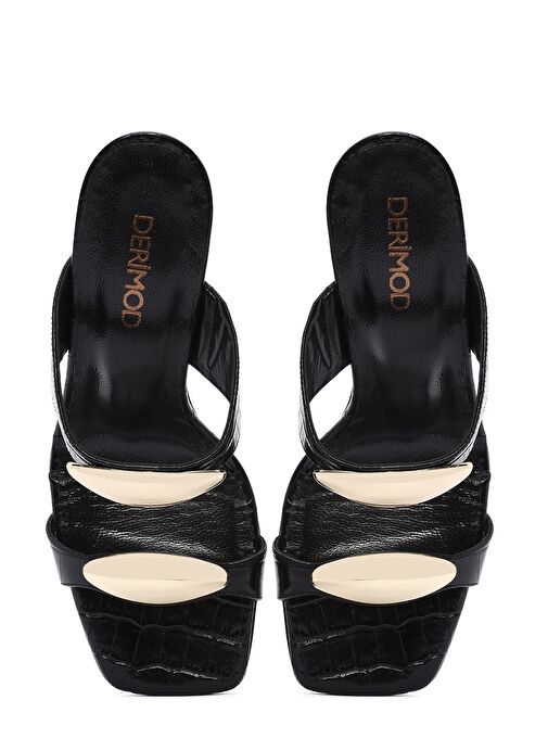 Kadın Siyah Kroko Desenli Deri Yüksek Kalın Topuklu Terlik 25SFD1610E3 - Görsel 9