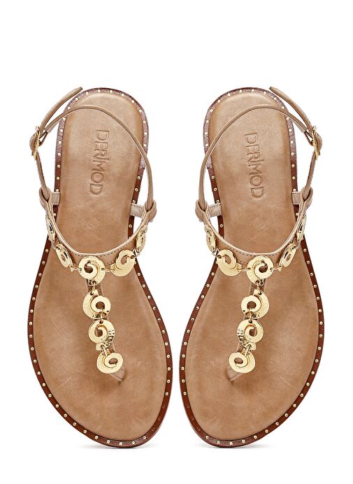 Kadın Taba Bilekten Tokalı Parmak Arası Deri Sandalet 25SFD483014 - Görsel 8