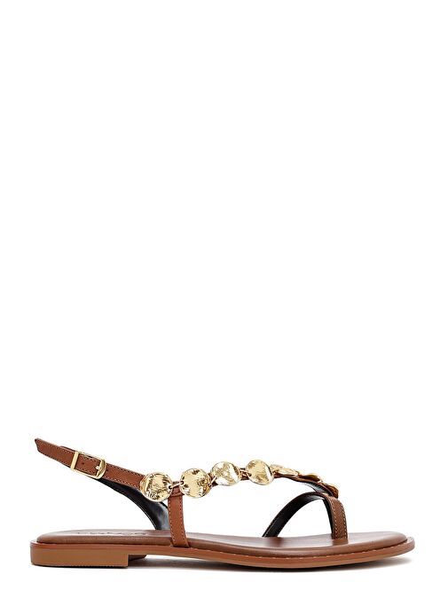 Kadın Kahverengi Metal Detaylı Parmak Arası Deri Sandalet 25SFD483214 - Görsel 2