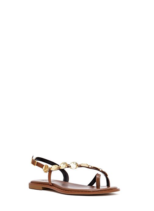 Kadın Kahverengi Metal Detaylı Parmak Arası Deri Sandalet 25SFD483214 - Görsel 7