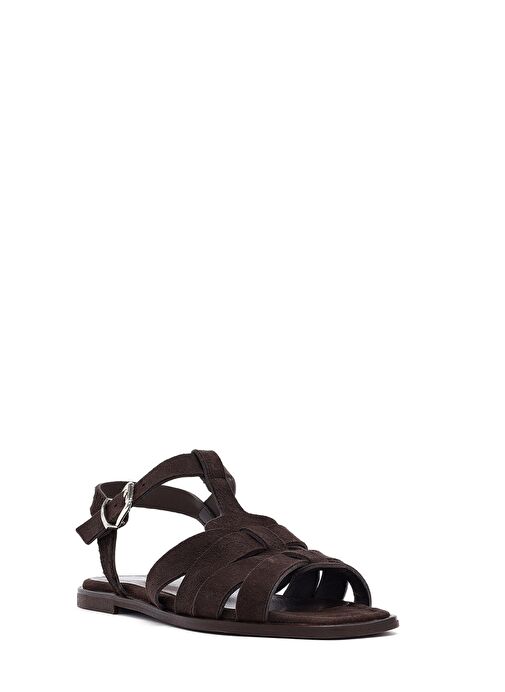 Kadın Kahverengi Bilekten Bantlı Süet Deri Sandalet 25SFD160810 - Görsel 7