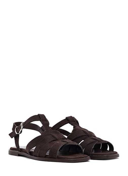 Kadın Kahverengi Bilekten Bantlı Süet Deri Sandalet 25SFD160810 - Görsel 4