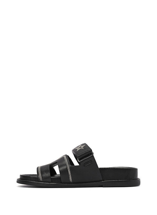 Kadın Siyah Bantlı Desenli Deri Terlik 25SFD230018 - Görsel 3