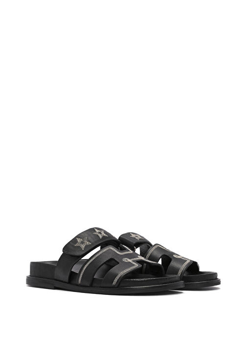 Kadın Siyah Bantlı Desenli Deri Terlik 25SFD230018 - Görsel 4