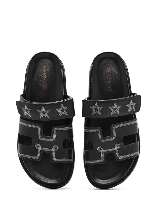 Kadın Siyah Bantlı Desenli Deri Terlik 25SFD230018 - Görsel 8