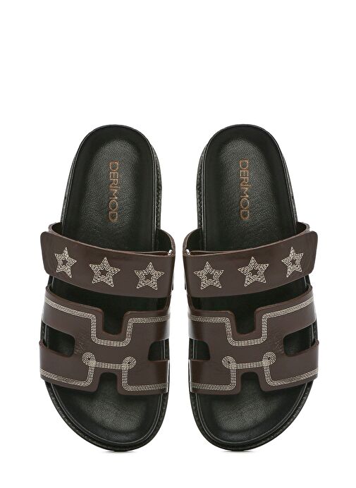 Kadın Kahverengi Bantlı Desenli Deri Terlik 25SFD230018 - Görsel 8