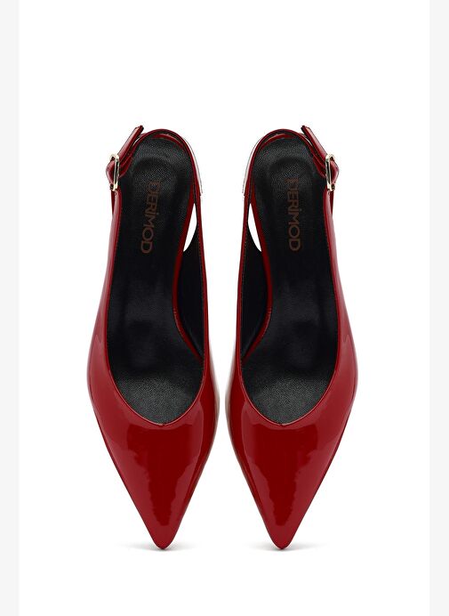 Kadın Kırmızı Arkası Açık Kısa Topuklu Rugan Deri Ayakkabı 25SFD230516 - Görsel 9