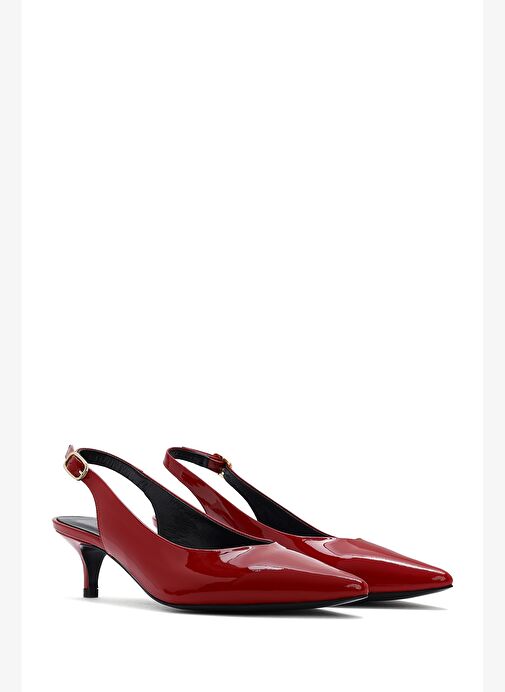 Kadın Kırmızı Arkası Açık Kısa Topuklu Rugan Deri Ayakkabı 25SFD230516 - Görsel 5