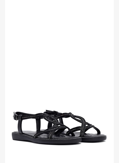 Kadın Siyah Taşlı Sandalet 25SFE464614 - Görsel 4