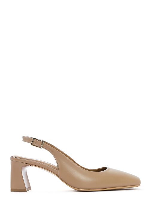 Kadın Bej Arkası Açık Kısa Kalın Topuklu Deri Ayakkabı 25SFD131918 - Görsel 2