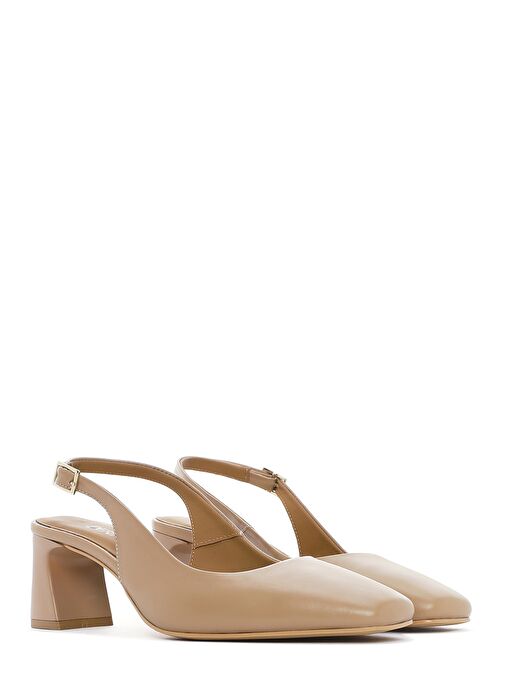 Kadın Bej Arkası Açık Kısa Kalın Topuklu Deri Ayakkabı 25SFD131918 - Görsel 4