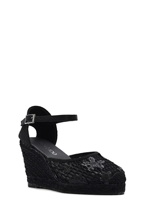 Kadın Siyah Bilekten Bantlı Desenli Dolgu Topuklu Espadril 25SFD20756F - Görsel 8