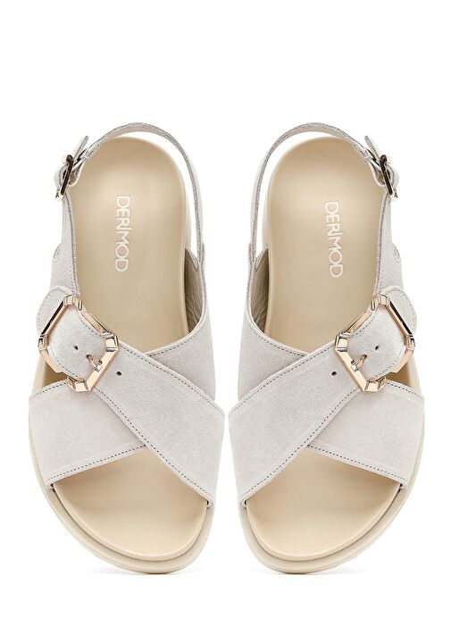 Kadın Bej Tokalı Süet Deri Sandalet 25SFD350910 - Görsel 8