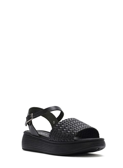 Kadın Siyah Bilekten Bağlamalı Örgülü Kalın Tabanlı Deri Sandalet 25SFD332626 - Görsel 7