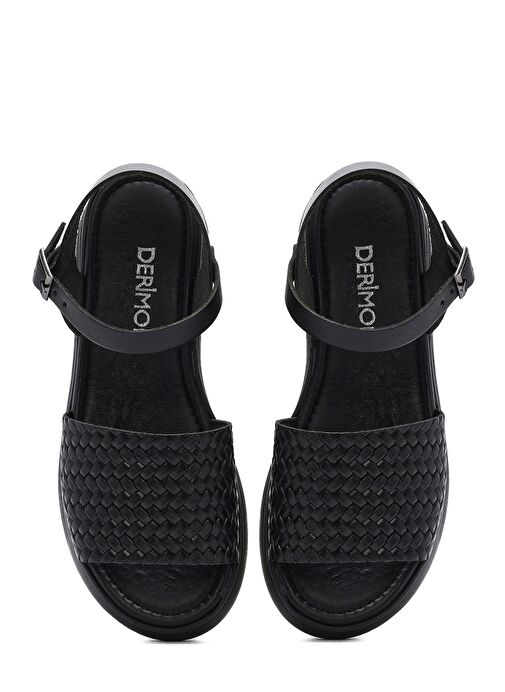 Kadın Siyah Bilekten Bağlamalı Örgülü Kalın Tabanlı Deri Sandalet 25SFD332626 - Görsel 8