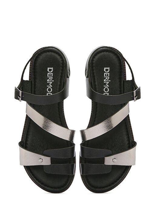 Kadın Siyah Tokalı Metalik Deri Bodrum Sandaleti 25SFD333618 - Görsel 8
