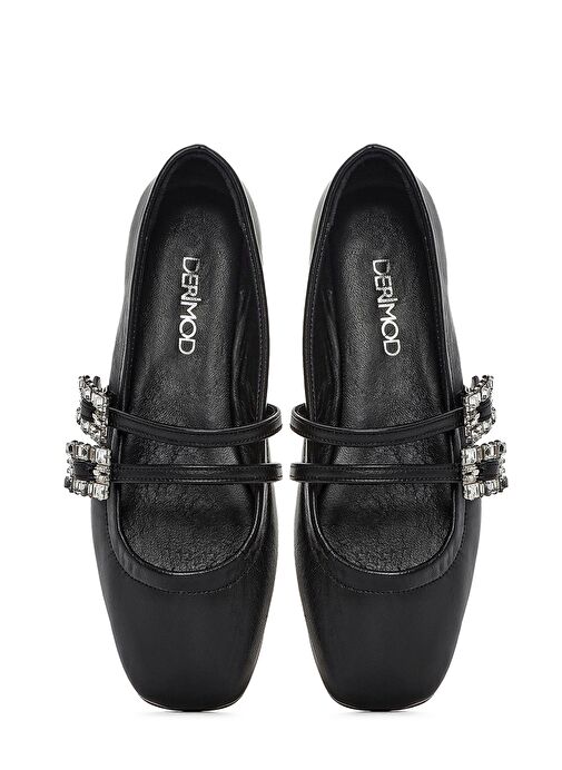 Kadın Siyah Çift Tokalı Taşlı Deri Babet 25SFD380118 - Görsel 8