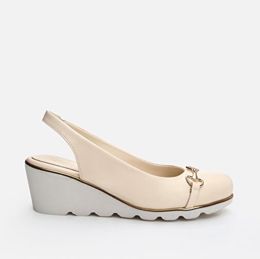 Hakiki Deri Bej Kadın Kalın Topuk - Görsel 2