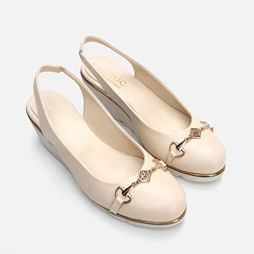 Hakiki Deri Bej Kadın Kalın Topuk - Görsel 3