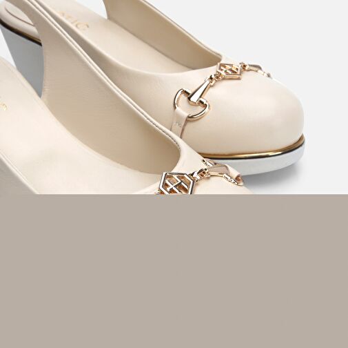 Hakiki Deri Bej Kadın Kalın Topuk - Görsel 4