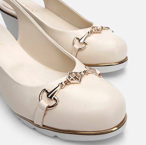 Hakiki Deri Bej Kadın Kalın Topuk - Görsel 7