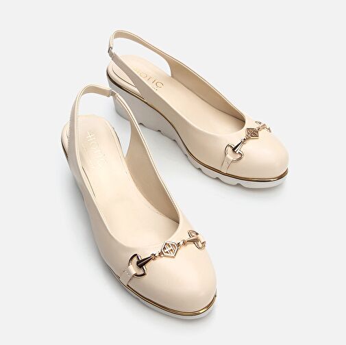 Hakiki Deri Bej Kadın Kalın Topuk - Görsel 8